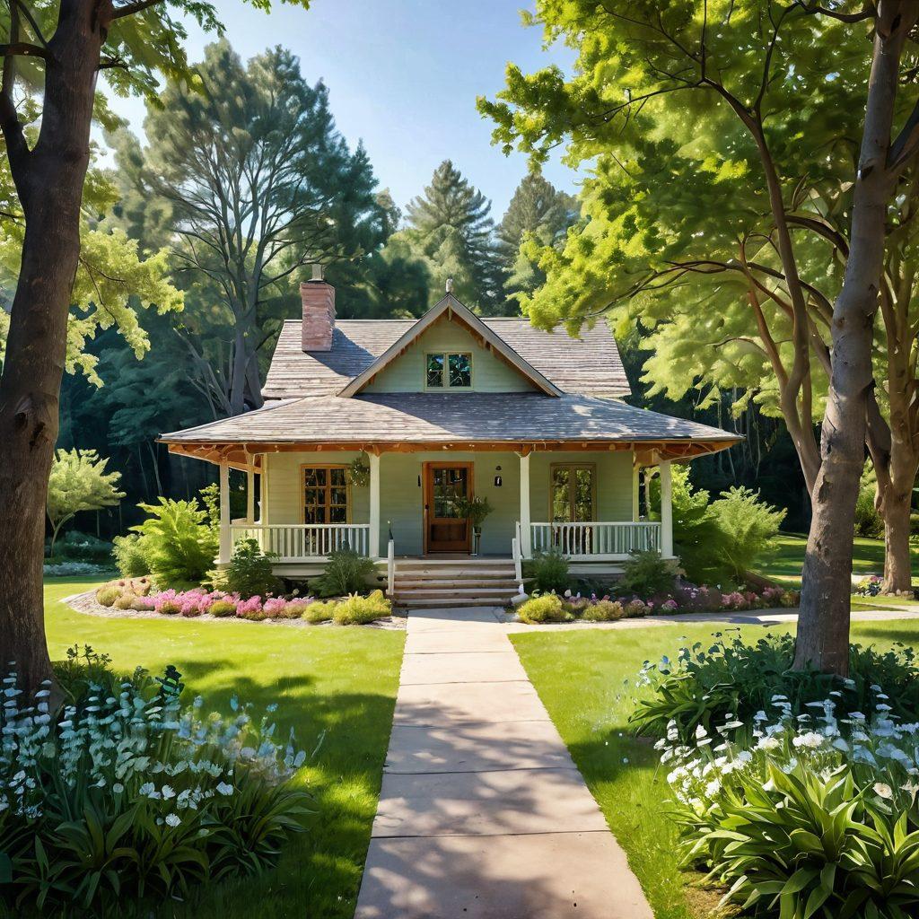 A serene landscape depicting a peaceful retreat center surrounded by lush greenery and blooming flowers, with soft sunlight filtering through the trees. Include diverse individuals practicing yoga and meditation, symbolizing wellness and unity. Subtle elements representing hope and healing, such as a cancer ribbon integrated into the scenery. The colors should be calming, with a focus on greens and soft pastels to evoke tranquility. super-realistic. vibrant colors. natural scenery.