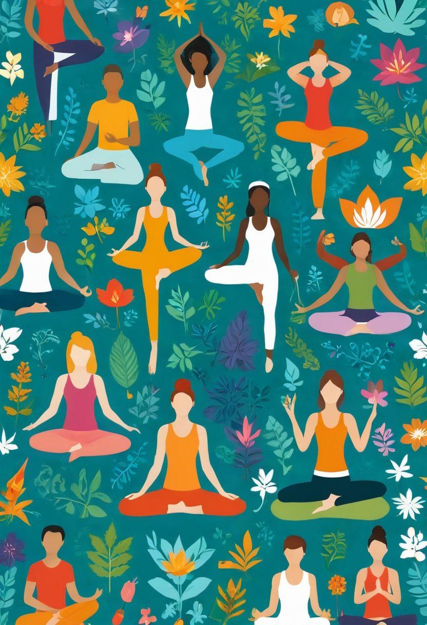 A harmonious blend of diverse health professionals collaborating in a vibrant community setting, showcasing holistic practices like yoga, nutrition, and mindfulness. Each practitioner holds tools representing their field, while patients engage in lively discussions and activities, symbolizing empowerment beyond medical diagnoses. A backdrop of nature and wellness icons adds warmth and inspiration. bright colors. modern illustration.