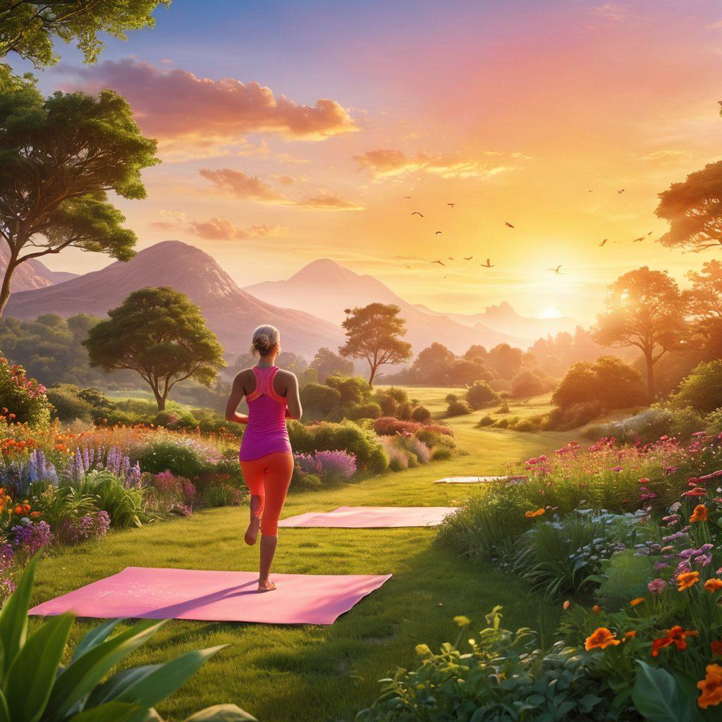 A serene landscape illustrating the journey from awareness to action in cancer prevention, featuring a vibrant sunrise symbolizing hope, a diverse group of individuals engaging in outdoor activities like yoga and running, surrounded by lush greenery, and informative symbols like a ribbon and healthy foods subtly integrated into the scene. super-realistic. vibrant colors. inspirational atmosphere.